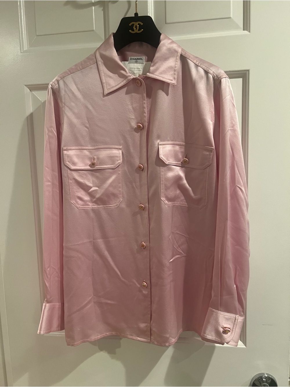 CHANEL Light Pink Silk Button-Front Blouse with Flap Pockets